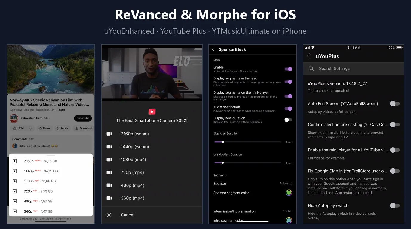 ReVanced and Morphe for iOS: uYouEnhanced and YouTube Plus running on iPhone