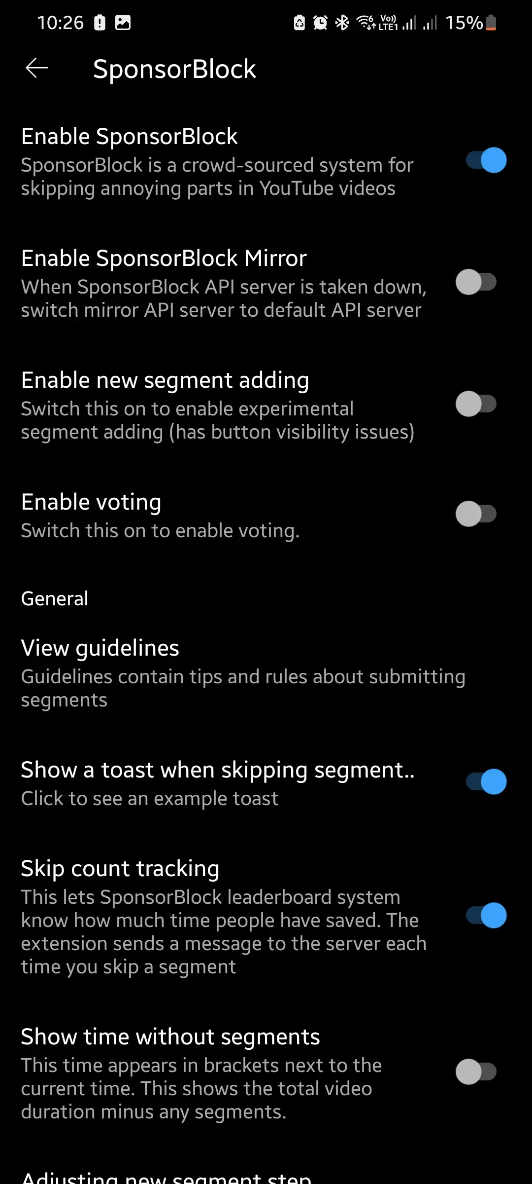 ReVanced YouTube Sponsor Block Options