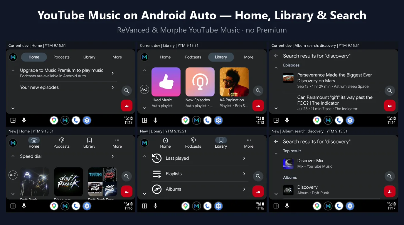 YouTube Music Android Auto Gets Home, Library and Search in ReVanced and Morphe